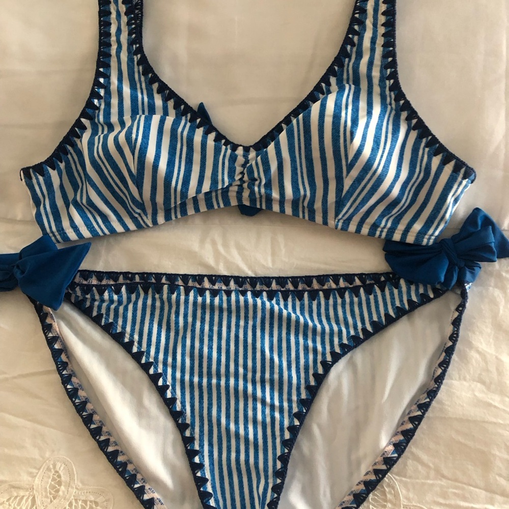 No Boundaries Navy and White Swim Top with Trim Detail